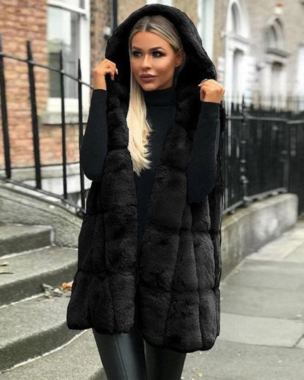 Women's Long Quilted Puffer Vest, Hooded Faux Fur