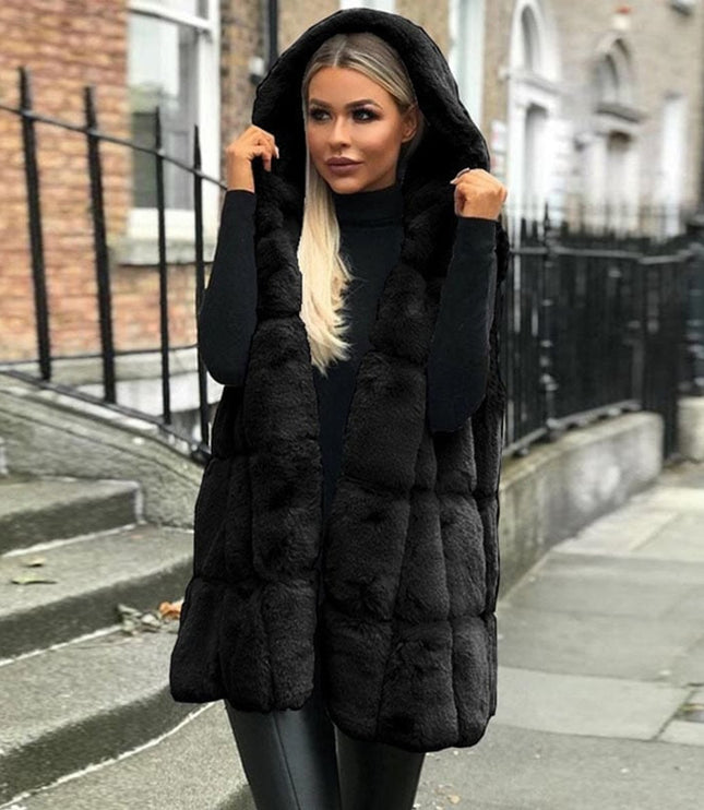 Women's Long Quilted Puffer Vest, Hooded Faux Fur