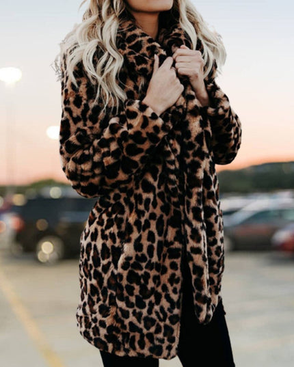Women's Long Sleeve Coat in Plush Faux Fur, Leopard Print