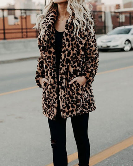 Women's Long Sleeve Coat in Plush Faux Fur, Leopard Print