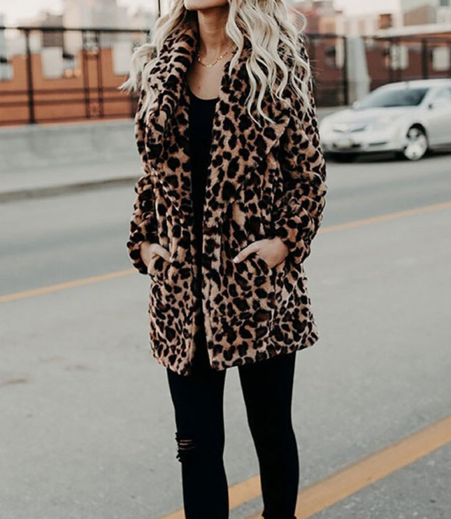 Women's Long Sleeve Coat in Plush Faux Fur, Leopard Print