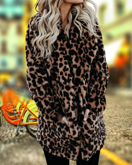 Women's Long Sleeve Coat in Plush Faux Fur, Leopard Print