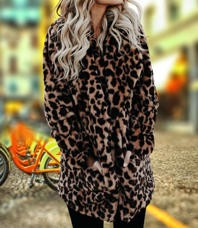 Women's Long Sleeve Coat in Plush Faux Fur, Leopard Print