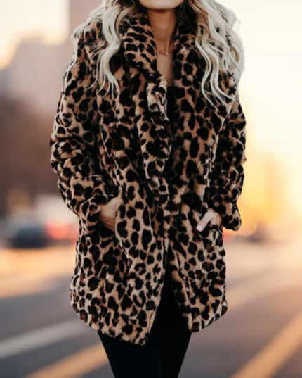 Women's Long Sleeve Coat in Plush Faux Fur, Leopard Print