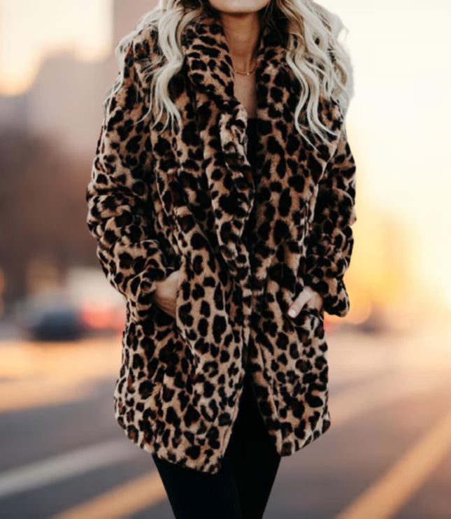 Women's Long Sleeve Coat in Plush Faux Fur, Leopard Print