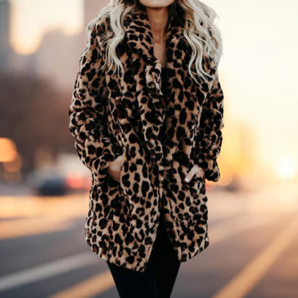 Women's Long Sleeve Coat in Plush Faux Fur, Leopard Print