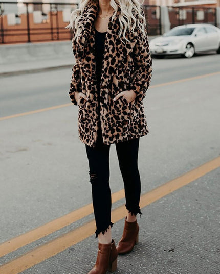 Women's Long Sleeve Coat in Plush Faux Fur, Leopard Print