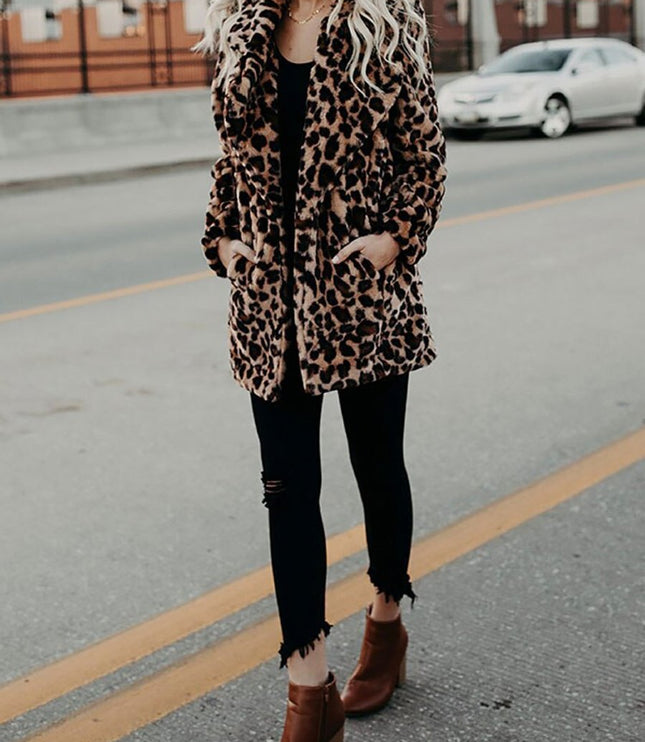Women's Long Sleeve Coat in Plush Faux Fur, Leopard Print