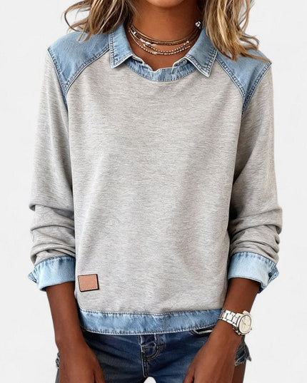 Women's Long Sleeve Raglan Knit Sweater with Denim Collar