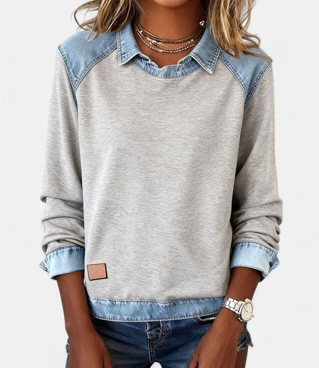 Women's Long Sleeve Raglan Knit Sweater with Denim Collar