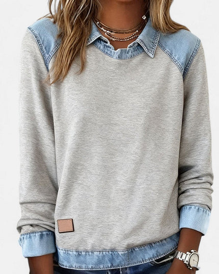 Women's Long Sleeve Raglan Knit Sweater with Denim Collar