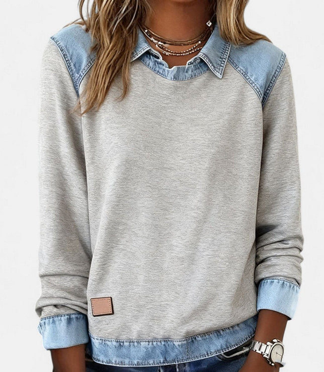 Women's Long Sleeve Raglan Knit Sweater with Denim Collar