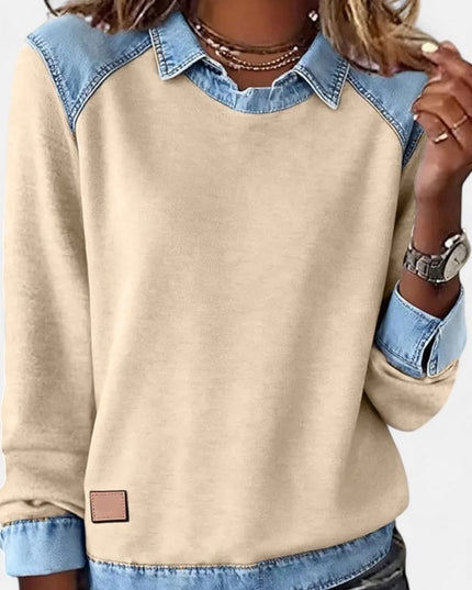 Women's Long Sleeve Raglan Knit Sweater with Denim Collar