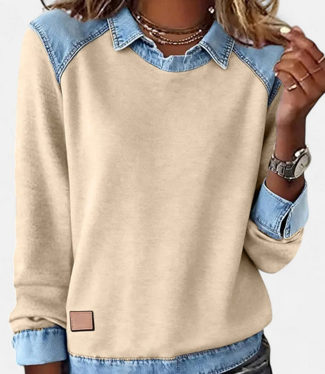 Women's Long Sleeve Raglan Knit Sweater with Denim Collar