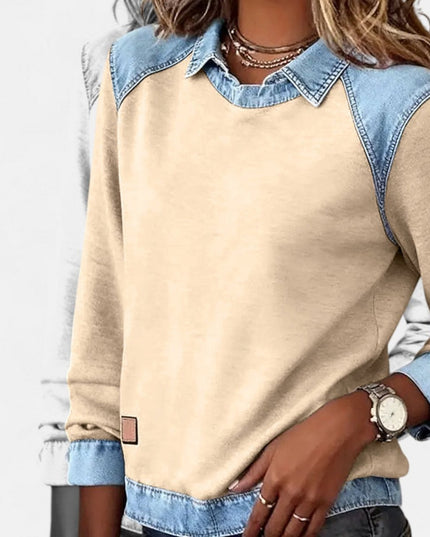 Women's Long Sleeve Raglan Knit Sweater with Denim Collar