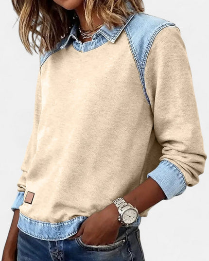 Women's Long Sleeve Raglan Knit Sweater with Denim Collar