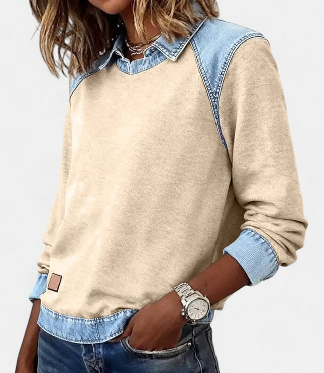 Women's Long Sleeve Raglan Knit Sweater with Denim Collar