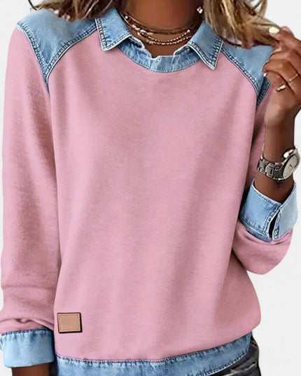Women's Long Sleeve Raglan Knit Sweater with Denim Collar