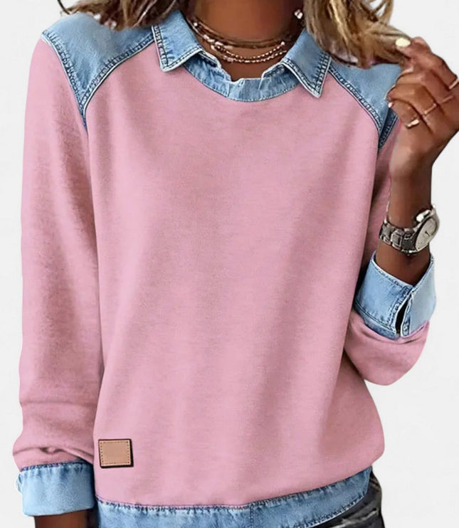 Women's Long Sleeve Raglan Knit Sweater with Denim Collar