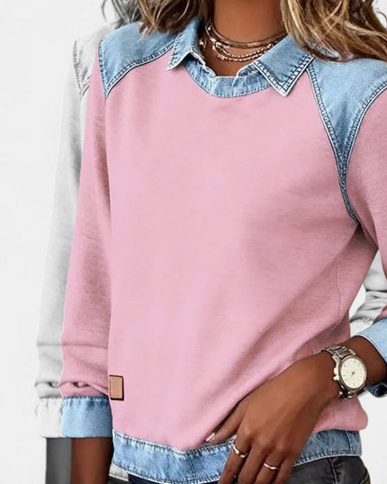 Women's Long Sleeve Raglan Knit Sweater with Denim Collar