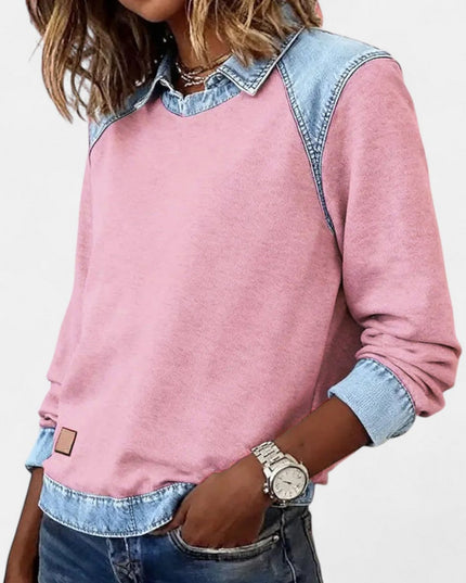 Women's Long Sleeve Raglan Knit Sweater with Denim Collar