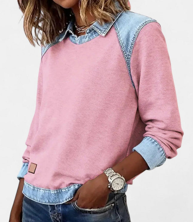 Women's Long Sleeve Raglan Knit Sweater with Denim Collar
