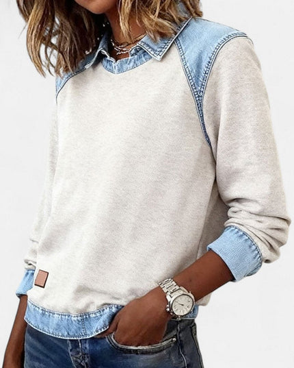 Women's Long Sleeve Raglan Knit Sweater with Denim Collar