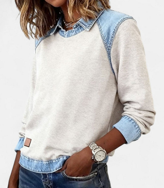 Women's Long Sleeve Raglan Knit Sweater with Denim Collar