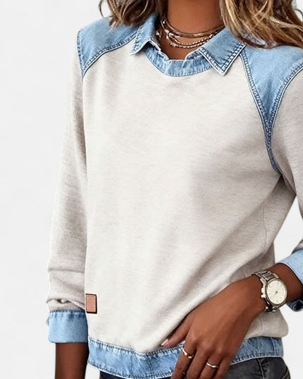 Women's Long Sleeve Raglan Knit Sweater with Denim Collar
