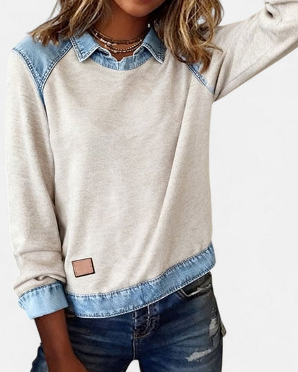 Women's Long Sleeve Raglan Knit Sweater with Denim Collar