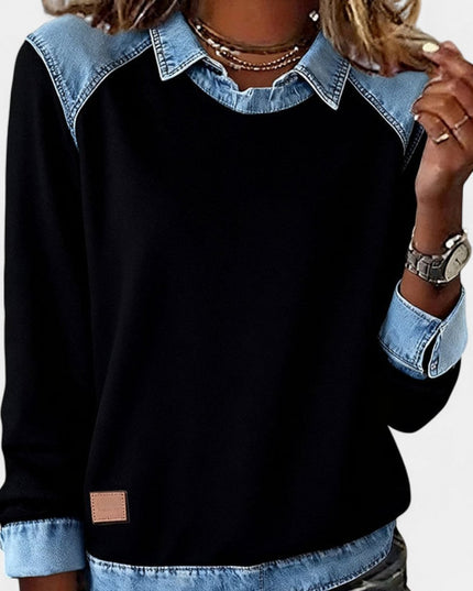 Women's Long Sleeve Raglan Knit Sweater with Denim Collar