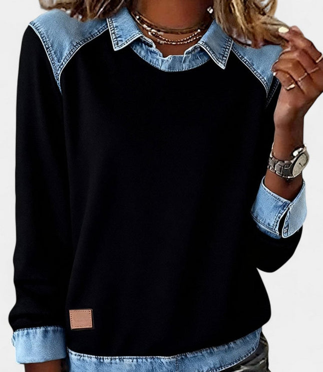 Women's Long Sleeve Raglan Knit Sweater with Denim Collar
