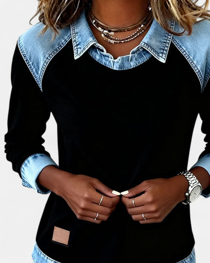 Women's Long Sleeve Raglan Knit Sweater with Denim Collar