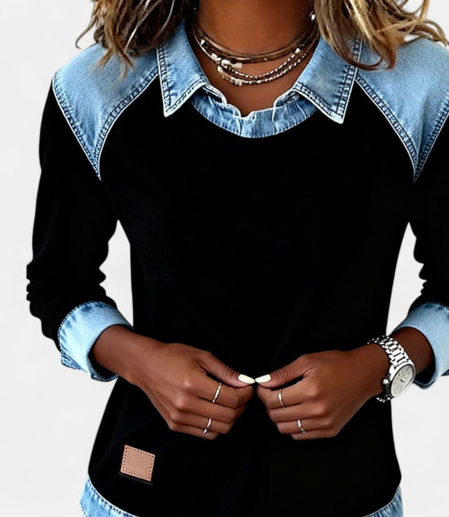 Women's Long Sleeve Raglan Knit Sweater with Denim Collar