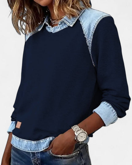 Women's Long Sleeve Raglan Knit Sweater with Denim Collar
