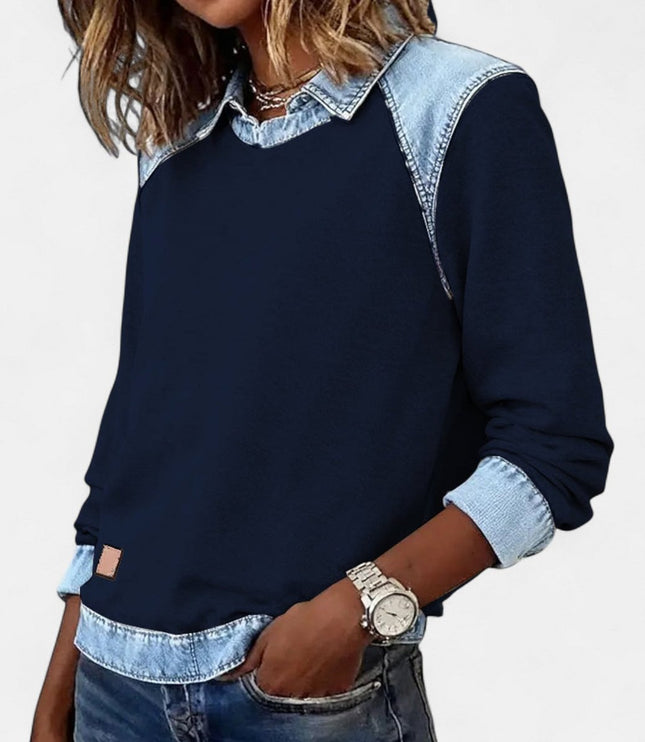 Women's Long Sleeve Raglan Knit Sweater with Denim Collar