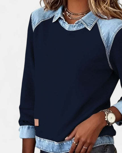 Women's Long Sleeve Raglan Knit Sweater with Denim Collar
