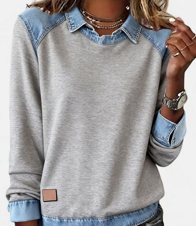 Women's Long Sleeve Raglan Knit Sweater with Denim Collar