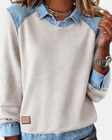 Women's Long Sleeve Raglan Knit Sweater with Denim Collar