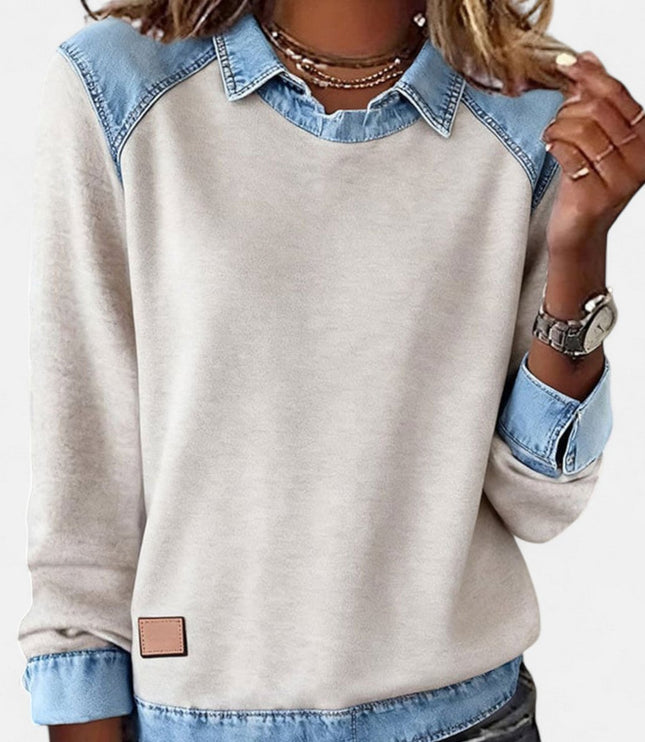 Women's Long Sleeve Raglan Knit Sweater with Denim Collar
