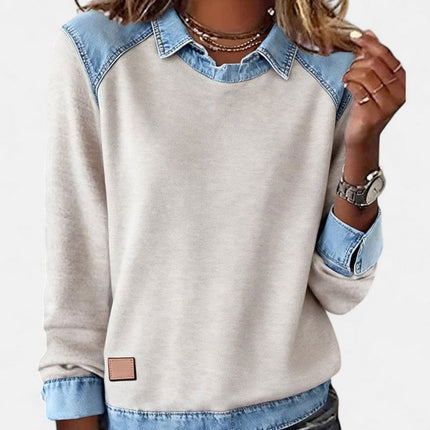 Women's Long Sleeve Raglan Knit Sweater with Denim Collar