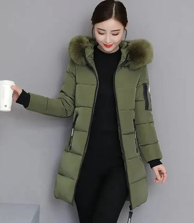 Women's Long Winter Parka Coat, Quilted with Faux Fur Hood