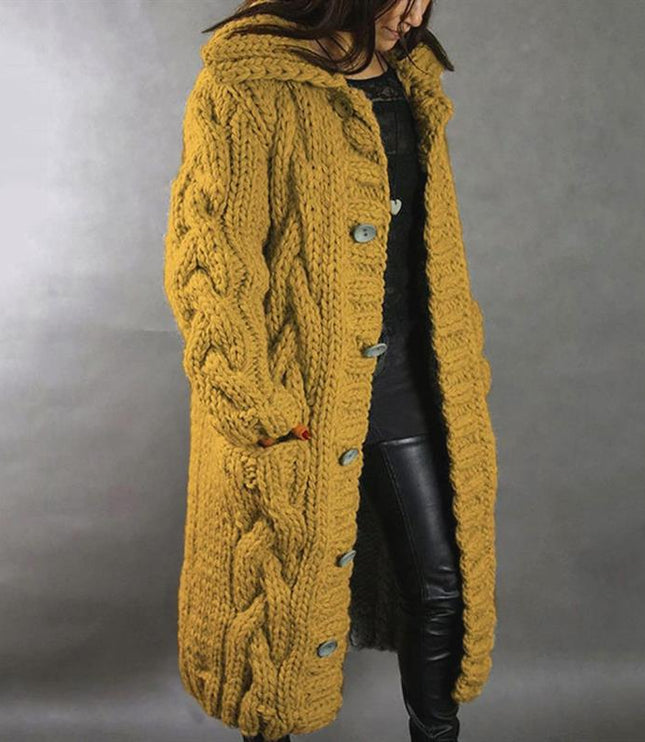Women's Longline Hooded Oversized Cable Knit Sweater Coat