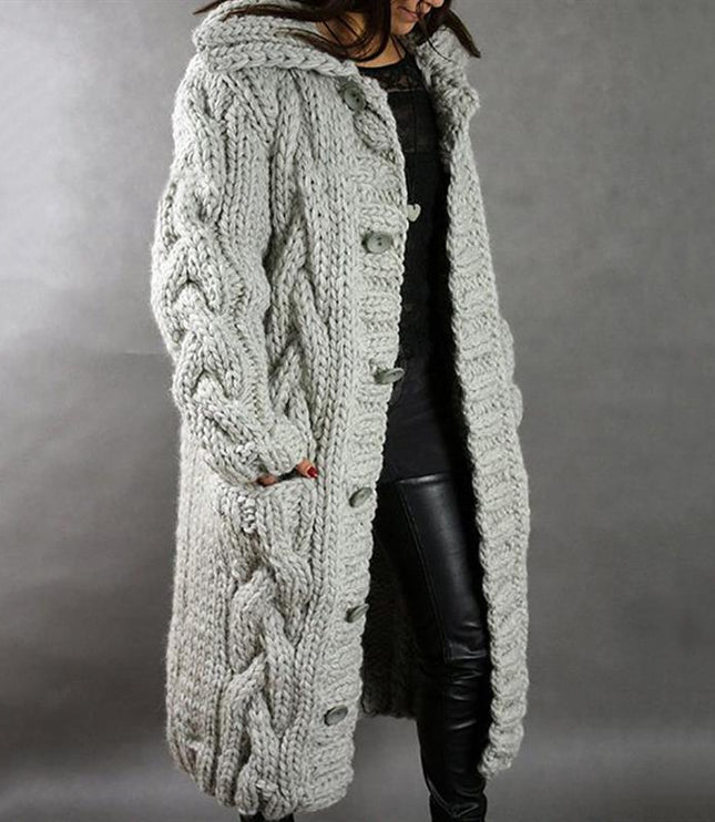 Women's Longline Hooded Oversized Cable Knit Sweater Coat
