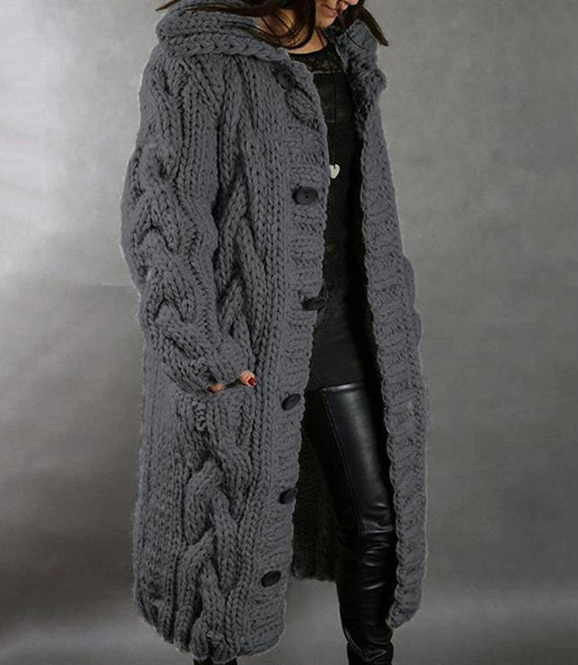 Women's Longline Hooded Oversized Cable Knit Sweater Coat