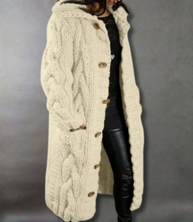 Women's Longline Hooded Oversized Cable Knit Sweater Coat