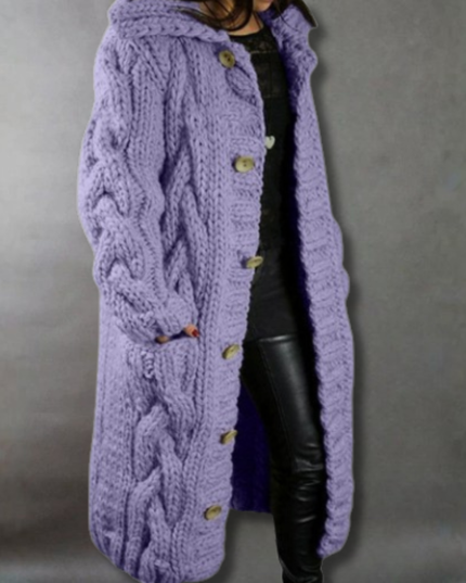 Women's Longline Hooded Oversized Cable Knit Sweater Coat