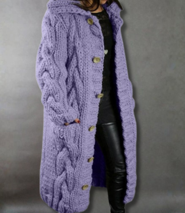 Women's Longline Hooded Oversized Cable Knit Sweater Coat