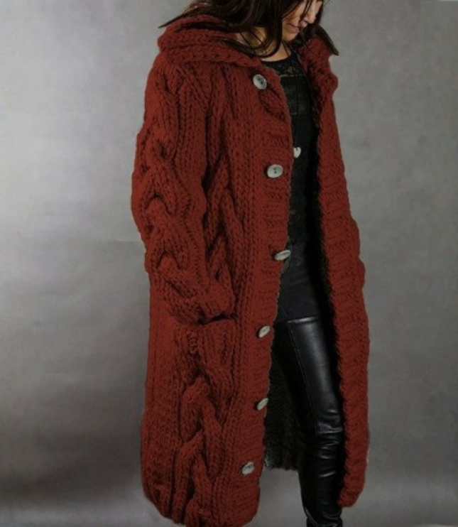 Women's Longline Hooded Oversized Cable Knit Sweater Coat