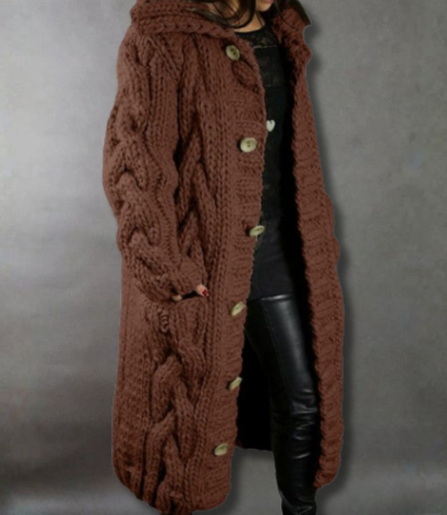 Women's Longline Hooded Oversized Cable Knit Sweater Coat